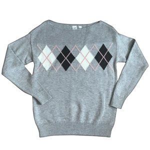 GAP Boatneck Argyle Knit Sweater Cotton Gray Pink